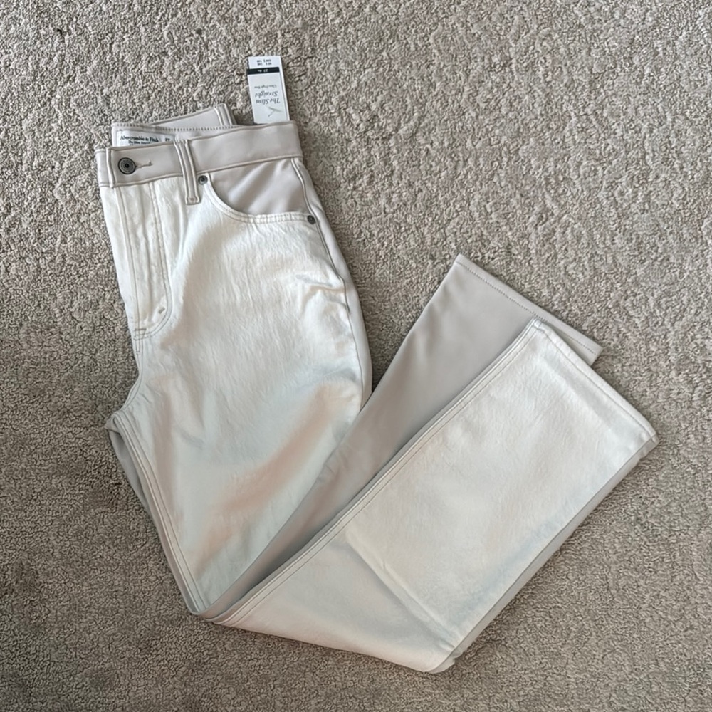 Abercrombie & Fitch High Rise Mixed Media Jeans in Cream. Jean & Pleather.